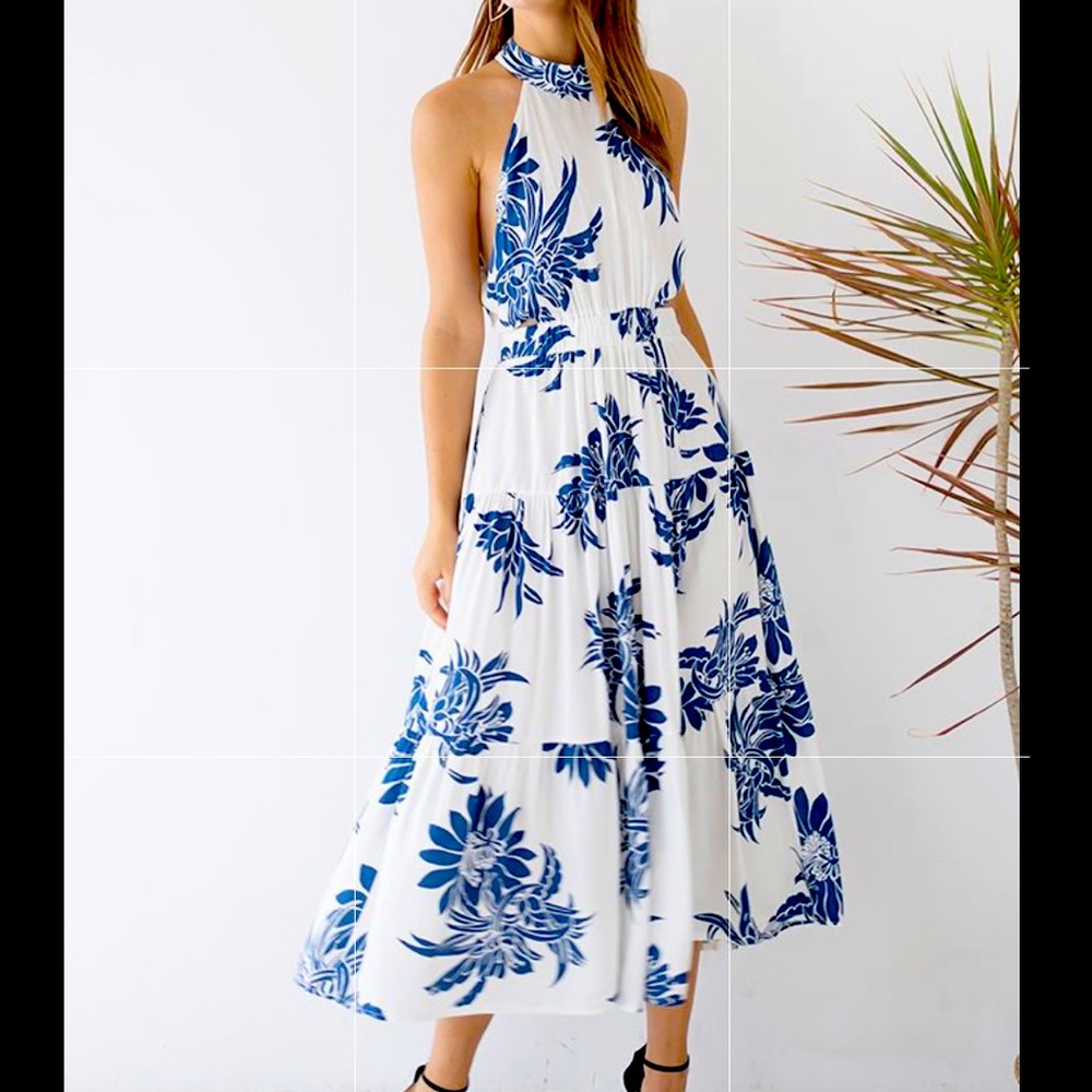 Chicwish Indigo Blue Floral Halter Neck Back Cutout Cotton Dress NWT Small